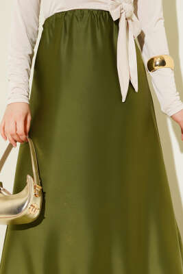 Kloş Beli Lastikli Saten Etek Haki - Etek