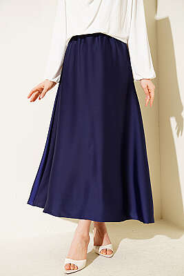 Kloş Beli Lastikli Saten Etek Lacivert 