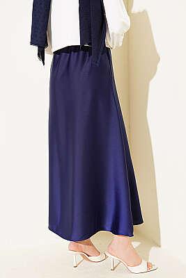 Kloş Beli Lastikli Saten Etek Lacivert - Etek