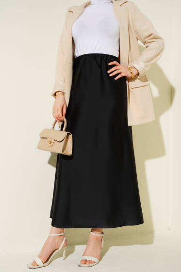 Kloş Beli Lastikli Saten Etek Siyah - Etek