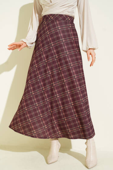 Kloş Ekose Desen Etek Bordo - Etek