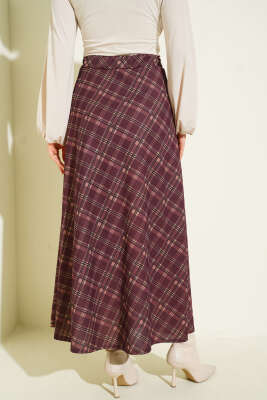 Kloş Ekose Desen Etek Bordo - Etek