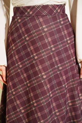 Kloş Ekose Desen Etek Bordo - Etek