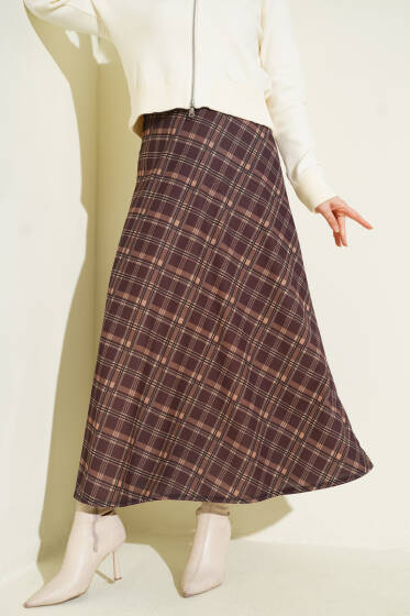 Kloş Ekose Desen Etek Kahve - Etek