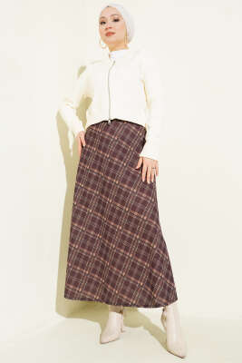 Kloş Ekose Desen Etek Kahve - Etek