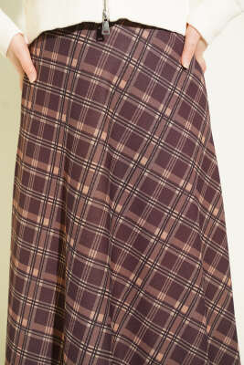 Kloş Ekose Desen Etek Kahve - Etek