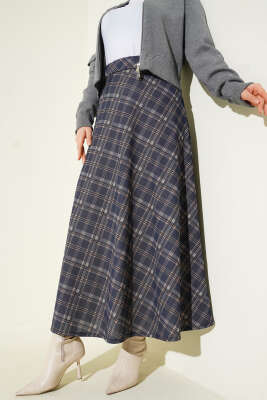 Kloş Ekose Desen Etek Lacivert - ASME