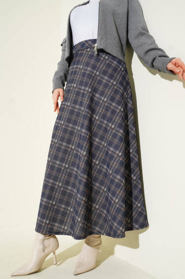 Kloş Ekose Desen Etek Lacivert - Etek