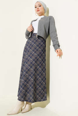 Kloş Ekose Desen Etek Lacivert - Etek