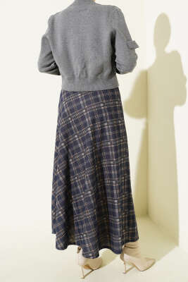 Kloş Ekose Desen Etek Lacivert - Etek