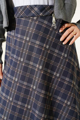 Kloş Ekose Desen Etek Lacivert - Etek