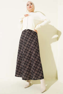 Kloş Ekose Desen Etek Siyah - Etek