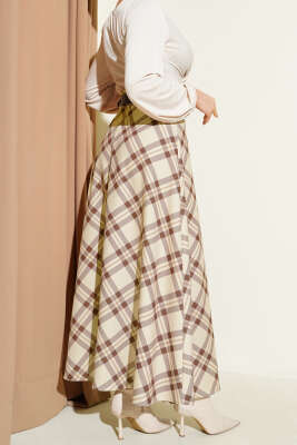 Kloş Ekose Desenli Kemerli Etek Bej - Etek