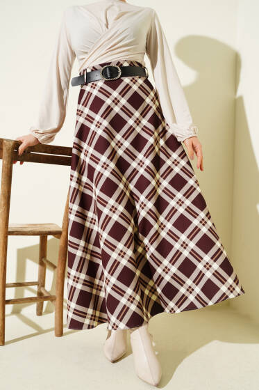 Kloş Ekose Desenli Kemerli Etek Kahve - Etek