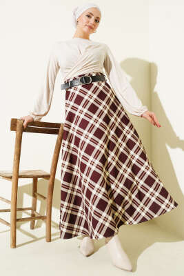 Kloş Ekose Desenli Kemerli Etek Kahve - Etek