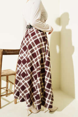 Kloş Ekose Desenli Kemerli Etek Kahve - Etek