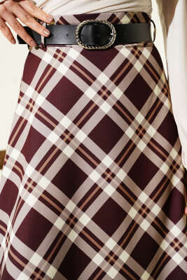 Kloş Ekose Desenli Kemerli Etek Kahve - Etek