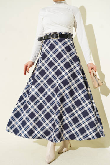 Kloş Ekose Desenli Kemerli Etek Lacivert - Etek