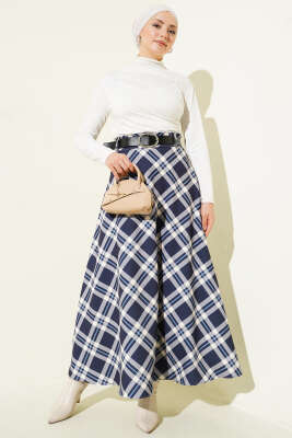 Kloş Ekose Desenli Kemerli Etek Lacivert - Etek