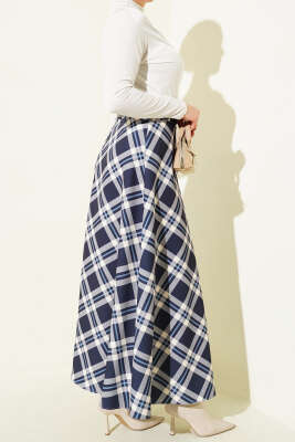 Kloş Ekose Desenli Kemerli Etek Lacivert - Etek