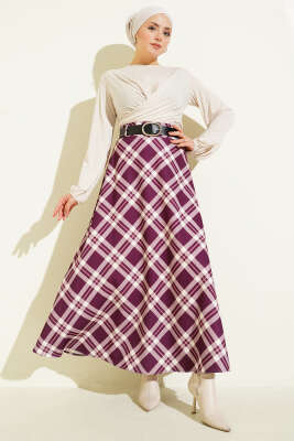 Kloş Ekose Desenli Kemerli Etek Mürdüm - Etek