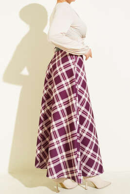 Kloş Ekose Desenli Kemerli Etek Mürdüm - Etek