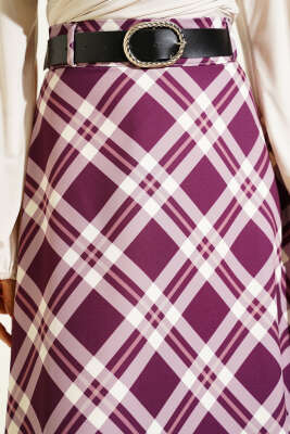 Kloş Ekose Desenli Kemerli Etek Mürdüm - Etek