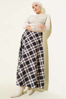 Kloş Ekose Desenli Kemerli Etek Siyah - Etek