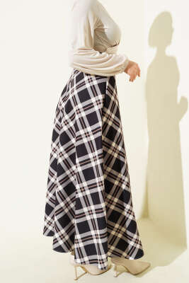 Kloş Ekose Desenli Kemerli Etek Siyah - Etek