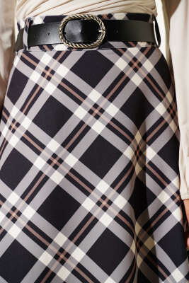 Kloş Ekose Desenli Kemerli Etek Siyah - Etek