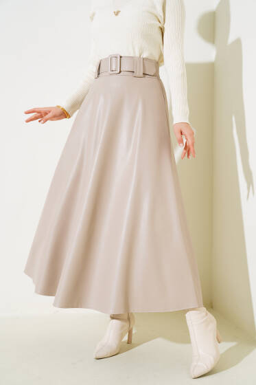 Kloş Kemerli Deri Etek Bej - Etek