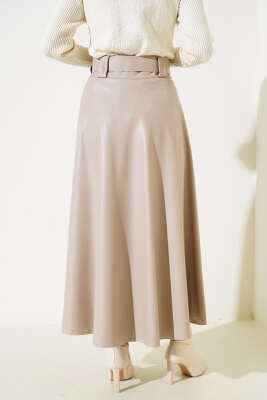 Kloş Kemerli Deri Etek Bej - Uzun Etek