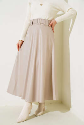 Kloş Kemerli Deri Etek Bej - Uzun Etek