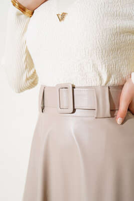 Kloş Kemerli Deri Etek Bej - Uzun Etek