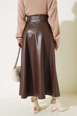 Kloş Kemerli Deri Etek Kahve - Uzun Etek