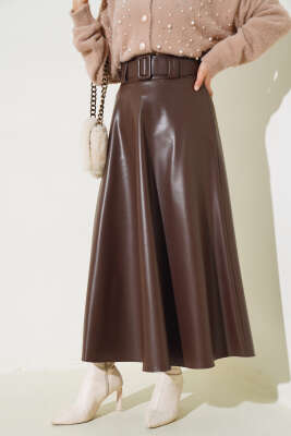 Kloş Kemerli Deri Etek Kahve - Uzun Etek