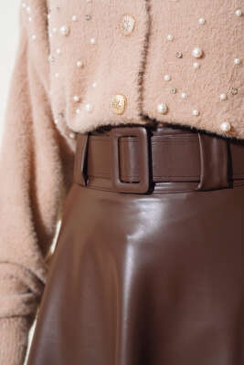 Kloş Kemerli Deri Etek Kahve - Uzun Etek