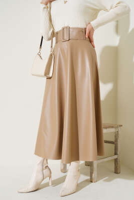 	 Kloş Kemerli Deri Etek Latte - Uzun Etek