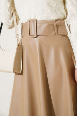 	 Kloş Kemerli Deri Etek Latte - Uzun Etek
