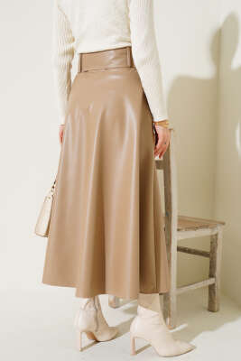 	 Kloş Kemerli Deri Etek Latte - Uzun Etek