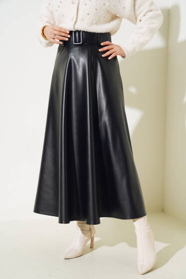 Kloş Kemerli Deri Etek Siyah - Etek