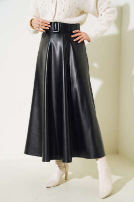 Kloş Kemerli Deri Etek Siyah - ALİ AKKAYA