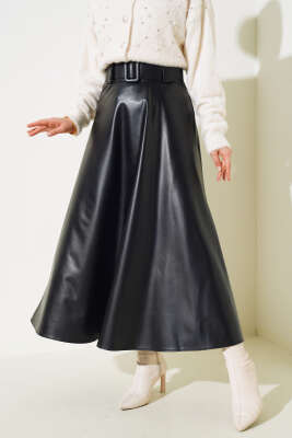 Kloş Kemerli Deri Etek Siyah - Uzun Etek