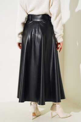 Kloş Kemerli Deri Etek Siyah - Uzun Etek