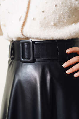 Kloş Kemerli Deri Etek Siyah - Uzun Etek