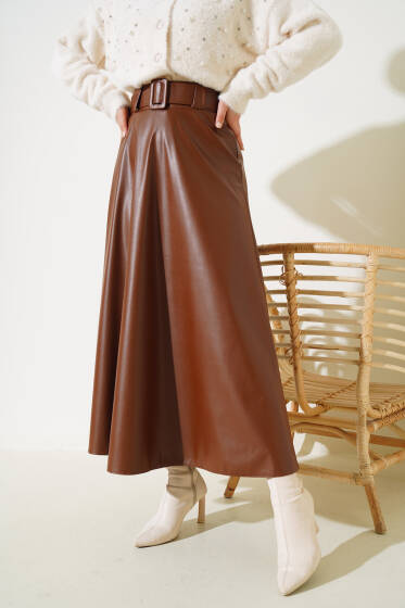 Kloş Kemerli Deri Etek Taba - Etek