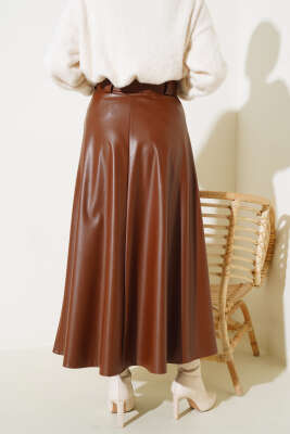 Kloş Kemerli Deri Etek Taba - Uzun Etek