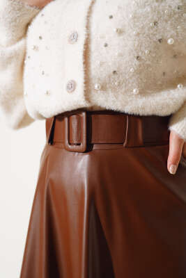 Kloş Kemerli Deri Etek Taba - Uzun Etek