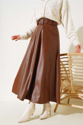 Kloş Kemerli Deri Etek Taba - Uzun Etek