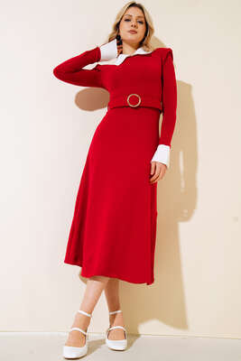 Kloş Kemerli Elbise Kırmızı - Thumbnail